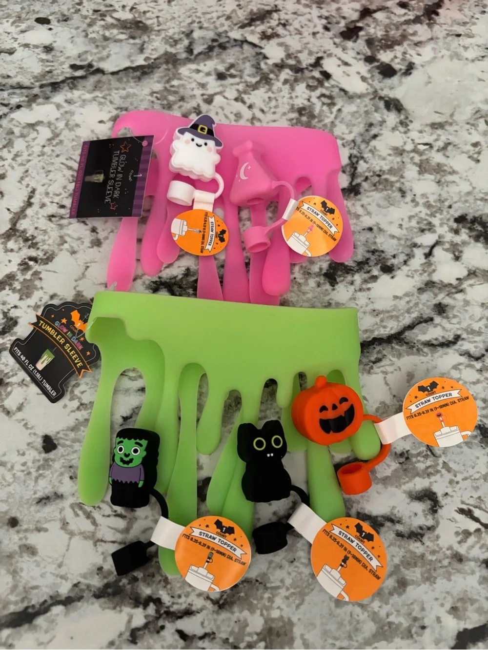Target Green & Pink Slime Tumbler Sleeves & 5 Halloween Straw Toppers Stanley